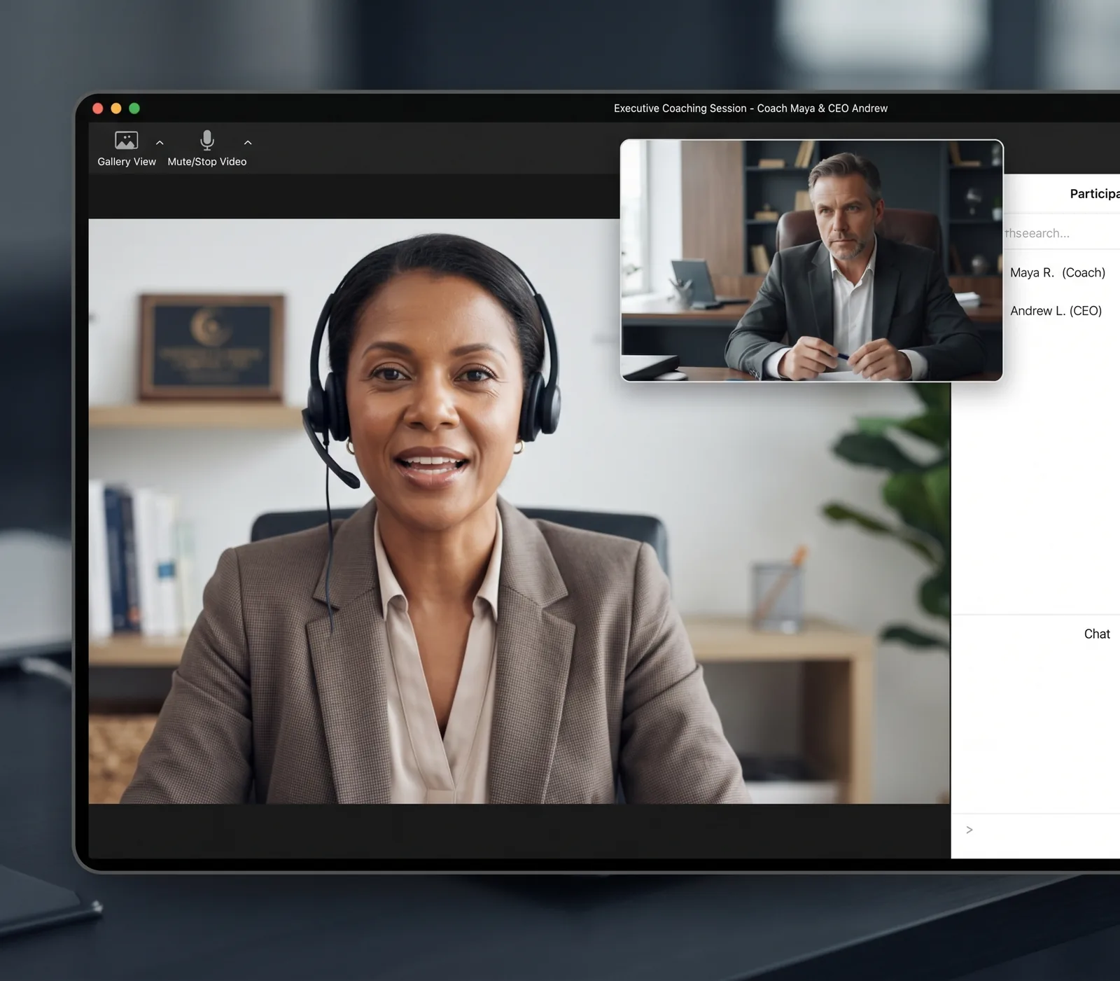 A 1-on-1 executive coaching video session with a PC Coach